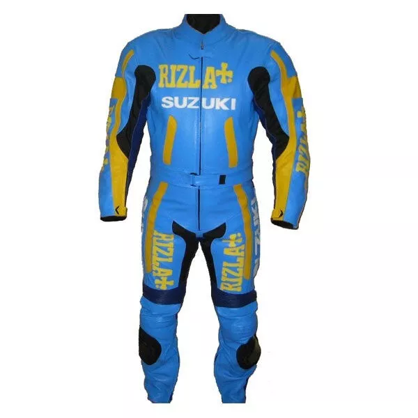 Suzuki Rizla Motorcycle Racing Suit Blue Gold Front
