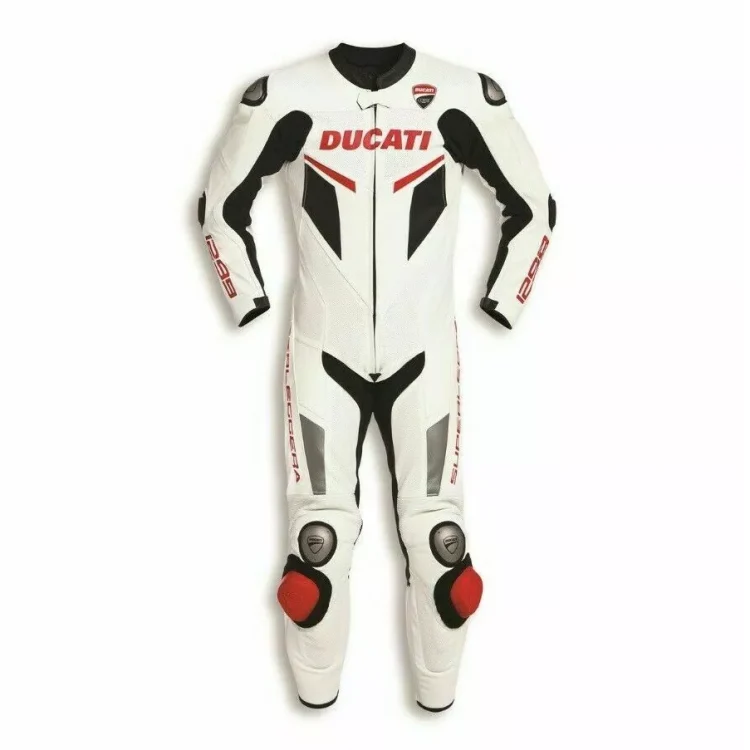 Ducati 1299 Motorcycle Leather Racing Suit White Black Red Front