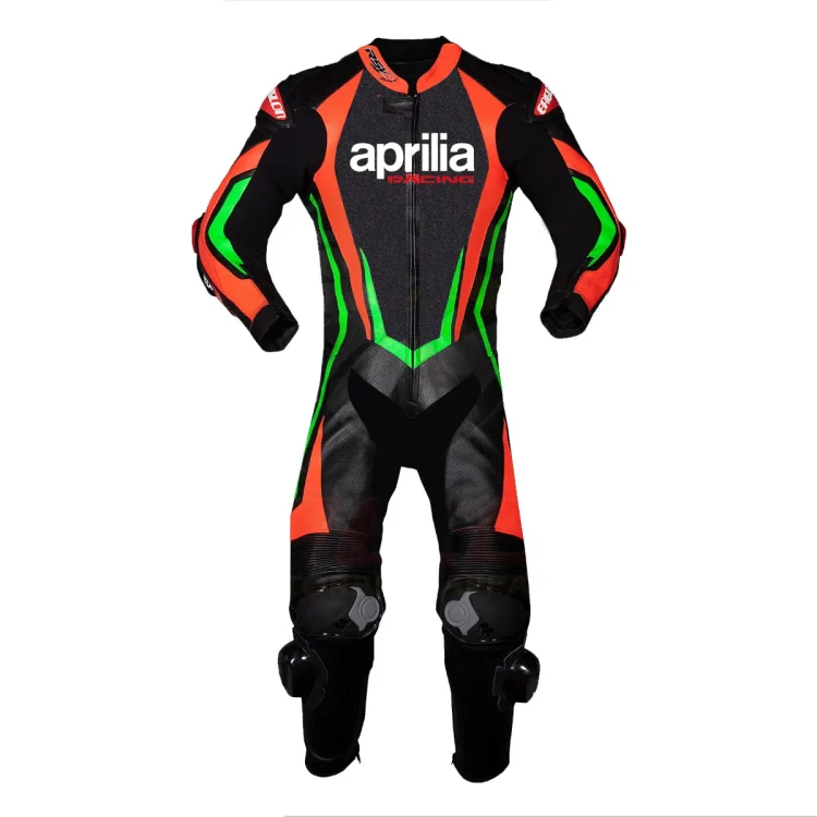 Aprilia Motorcycle Leather Racing Suit Black Red Green Front