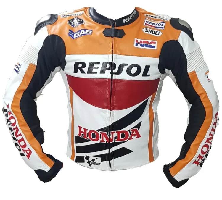 Honda Repsol Moto Gp Motorbike Leather Racing Jacket White Orange Front