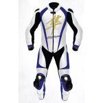 Suzuki Hayabusa Leather Racing Suit White Blue Black Front