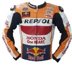 Honda Repsol Motorbike Leather Racing Jacket White Orange Front