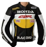 Honda CBR HRC Leather Racing Jacket Black White Yellow Front