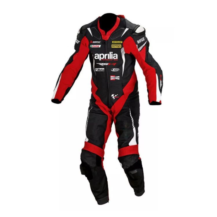 Aprilia Racing RSV4 Moto Gp Leather Suit Black Red Front