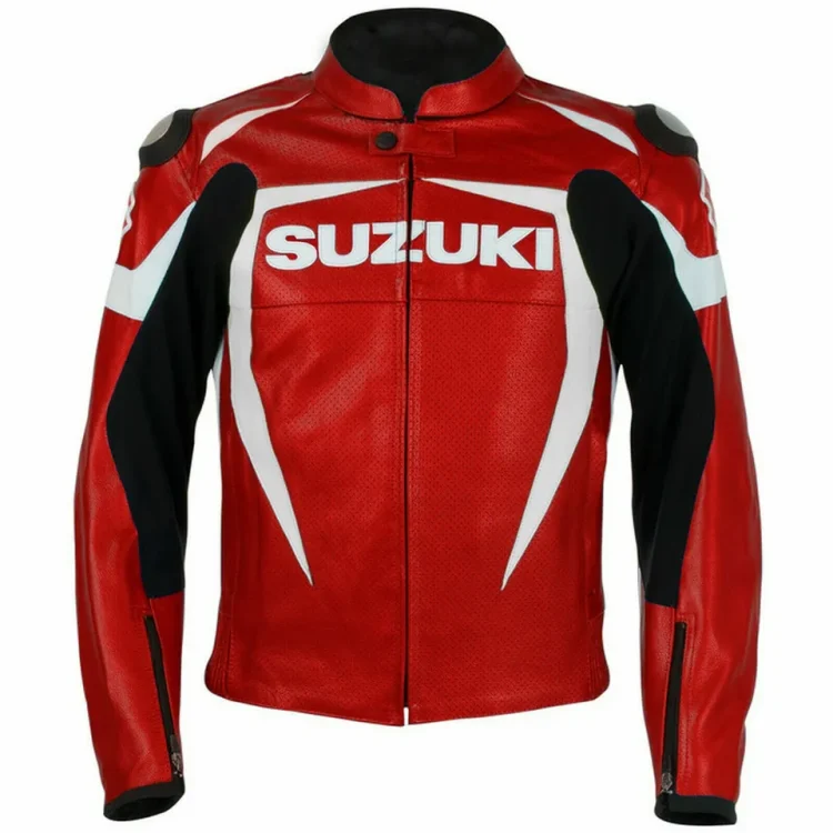 Suzuki Motorcycle Leather Racing Jacket Red White Black Front