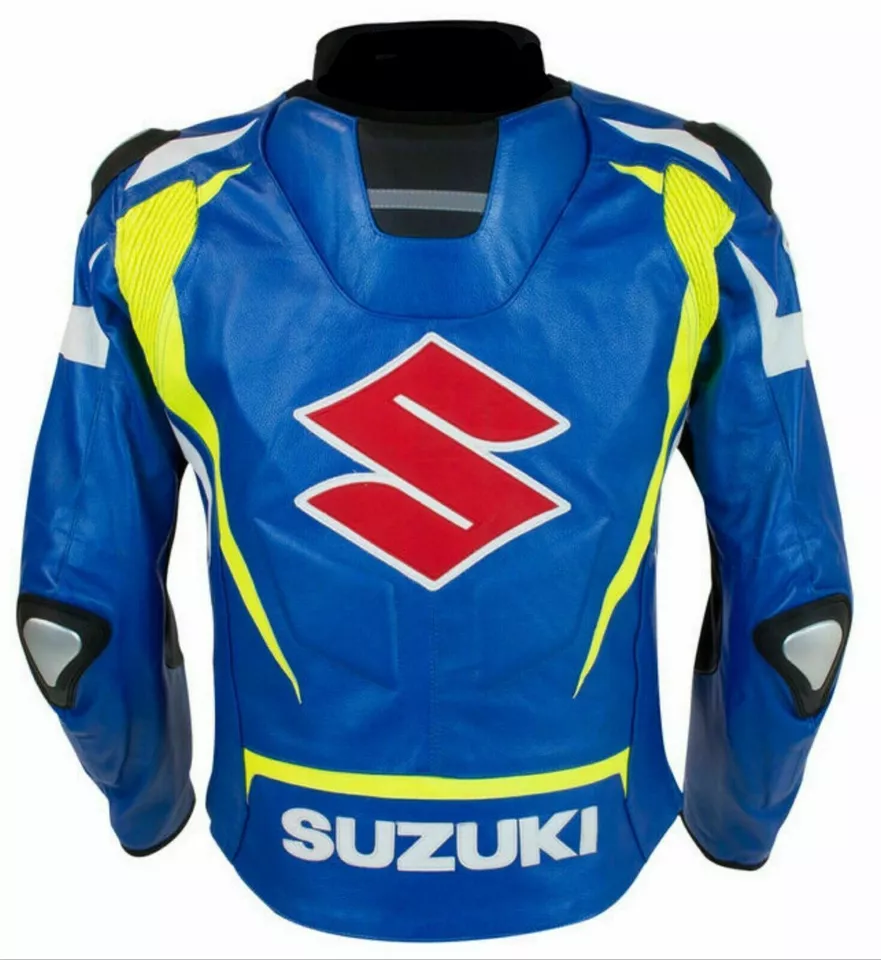 Suzuki Motorcycle Leather Racing Jacket Blue Yellow White Back