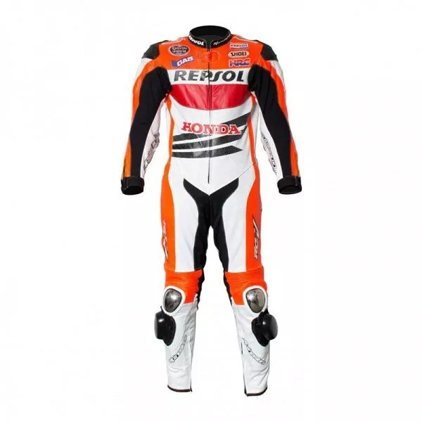 Honda Repsol Motorcycle Leather Racing Suit Orange White Red Black Font