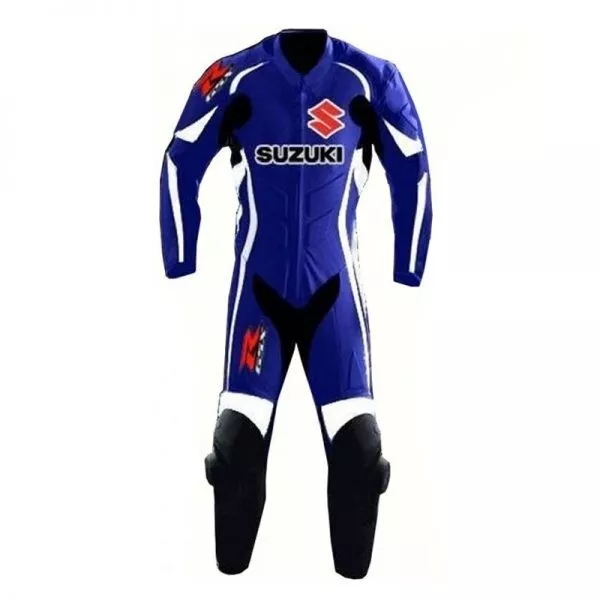 Suzuki R GSX Motorcycle Leather Racing Suit Blue White Black Front